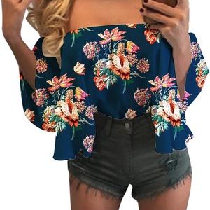 NWOT Navy Blue Floral Chiffon Off The Shoulder Flowy Top